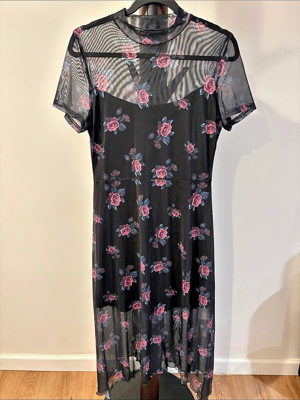 GothDark Women Summer Wedding Guest Floral Mesh Irregular Hem